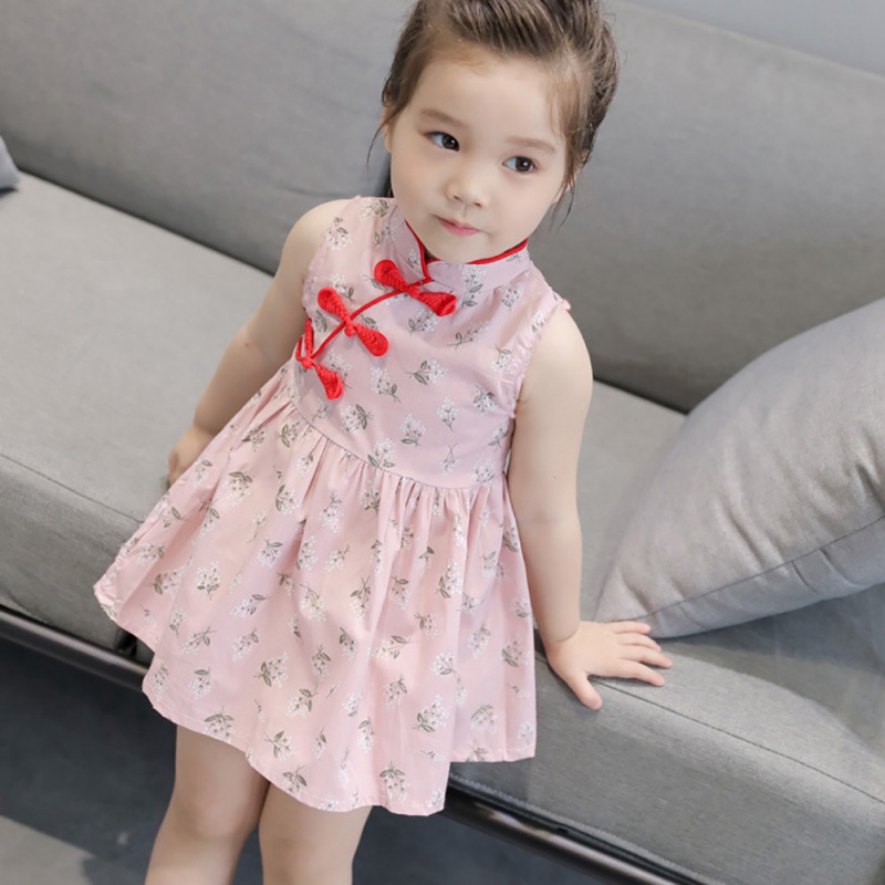 Đầm Sườn Xám Không Tay In Hoa Dễ Thương Dành Cho Bé Gái