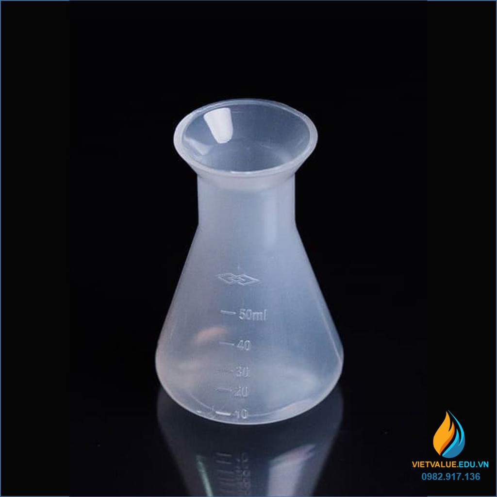 Bình tam giác nhựa, không nắp, vạch chia, nhựa PP dung tích 50ml