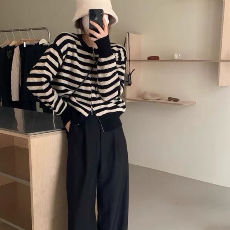 Áo cardigan mỏng sọc kẻ có khóa kéo phong cách phương tây thời trang mùa thu cho nữ