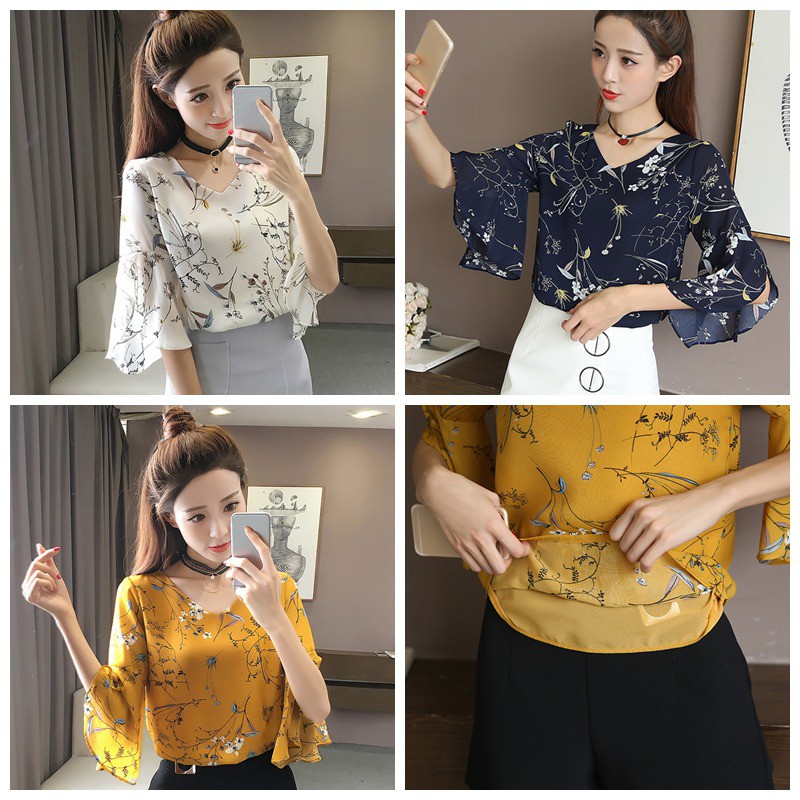 [Baywellfashion]Áo họa tiết hoa cổ V tay loa chất liệu chiffon thanh lịch cho nữ | BigBuy360 - bigbuy360.vn
