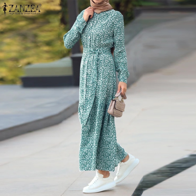 Đầm maxi ZANZEA dài tay in hoa phong cách Hồi giáo thời trang cho nữ