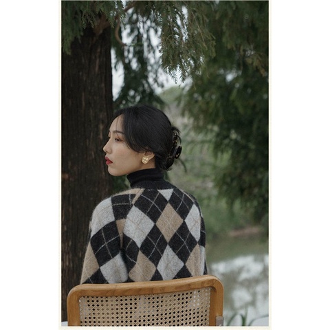 Áo khoác cardigan dệt kim dáng ngắn họa tiết vân kim cương kiểu Pháp retro dễ thương cho nữ