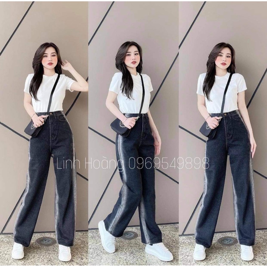 Quần Bò Nữ Ống Rộng Loang Sọc Viền - Culottes jeans ống suông cạp cao khuy giữa hạck chiều cao Ulzzang