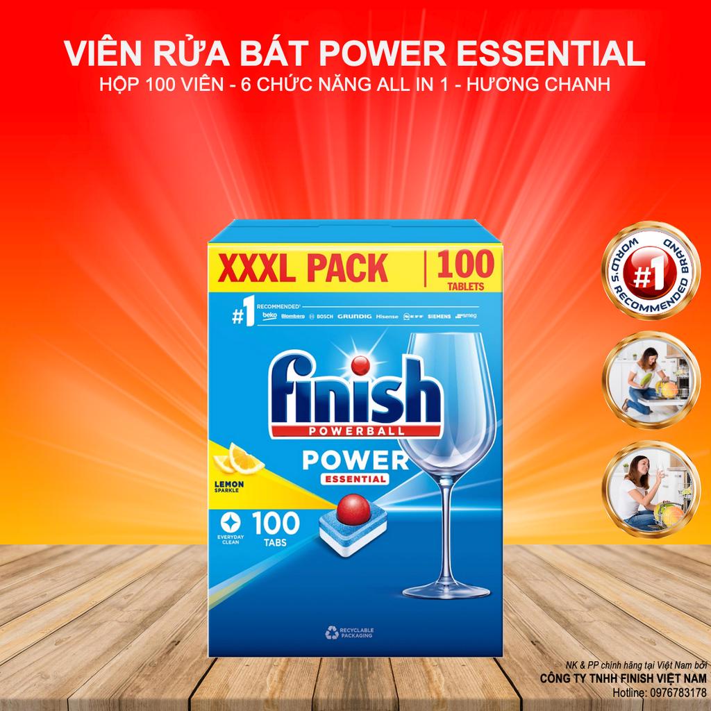 Viên rửa bát Finish Power Essential hộp 100 Viên 6 Chức Năng Hương Chanh Rửa Sạch Hiệu Quả Nhập Khẩu Châu Âu
