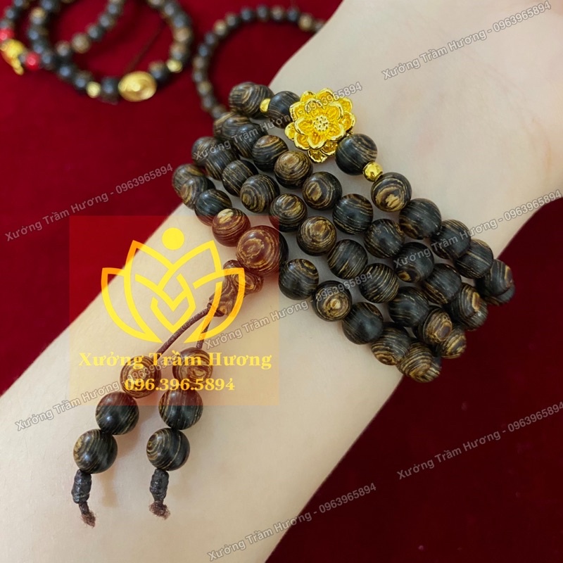 Chuỗi Trầm Hương Sánh Chìm 108 hạt mix charm Hoa Sen vàng - 6mm &amp; 8mm - Vòng tay Nam Nữ - Vòng gỗ tự nhiên