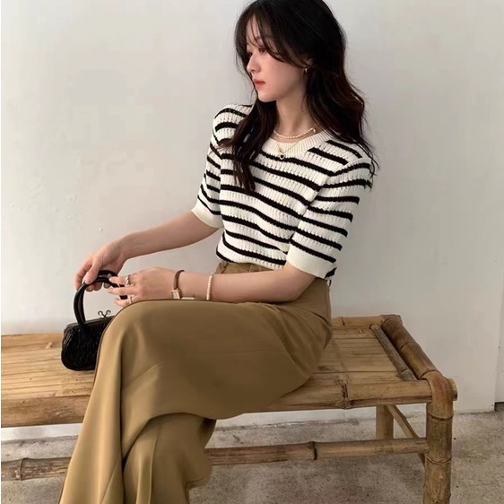 Áo thun ZHELIHANGFEI dệt kim tay ngắn cổ tròn họa tiết kẻ sọc trắng đen dễ thương cho nữ