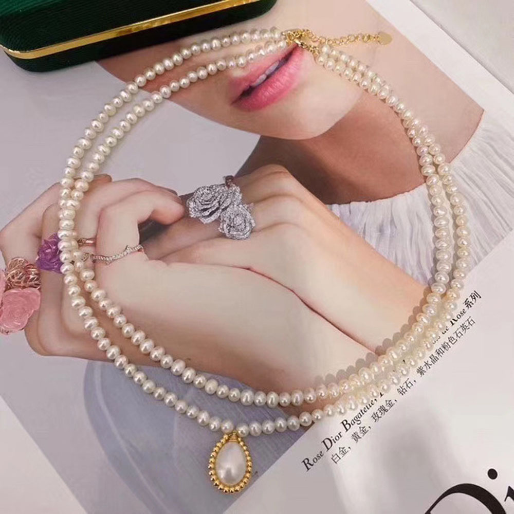 Dây Chuyền Hai Lớp Đính Ngọc Trai Nhân Tạo Phong Cách Vintage