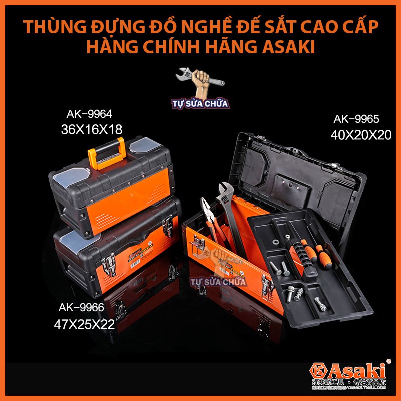 Thùng đựng đồ nghề đế sắt cao cấp chính hãng Asaki siêu bền, 2 ngăn khóa kim loại