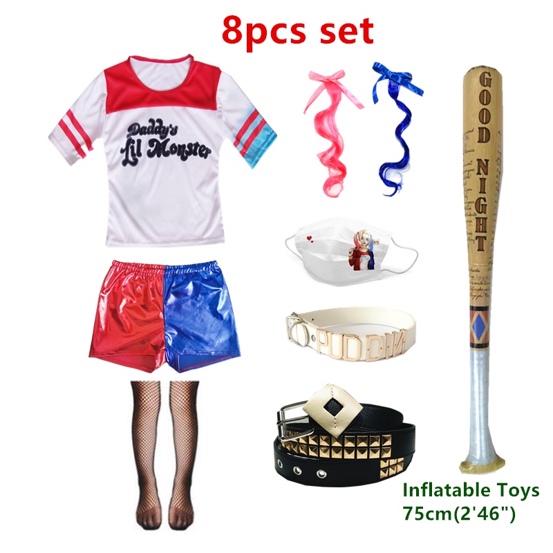 8 cái / bộ Harley Quinn Trang phục Halloween Trẻ em Cô gái Cosplay Suicide Squad T-shirt Bộ quần short