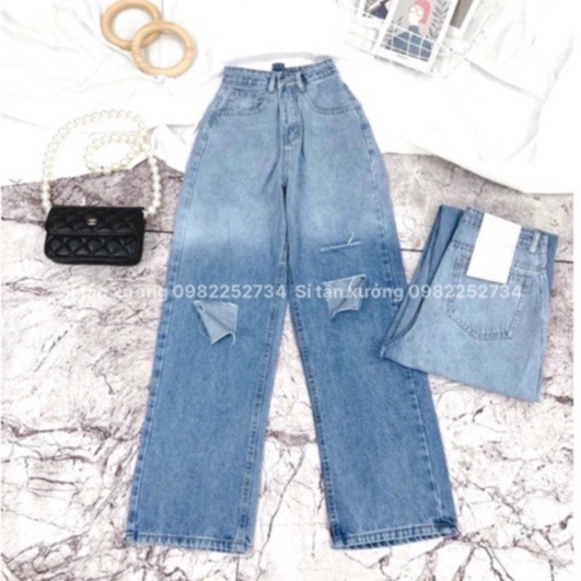 Quần jean suông nữ lưng cao rách gối, quần bò ống rộng loang màu chất xịn phong cách Hàn Quốc 9612