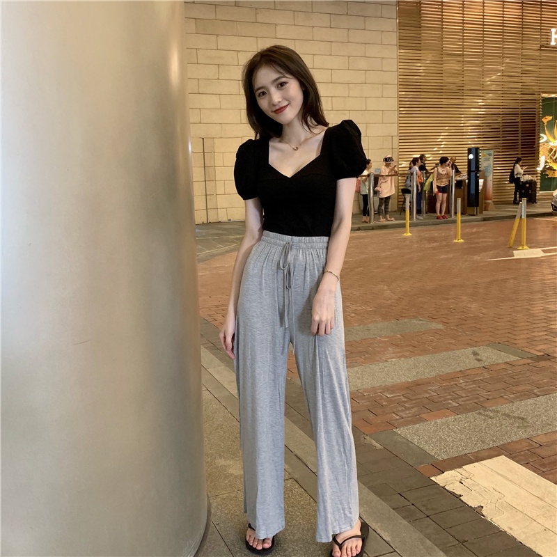 SUXI Set Áo Thun Tay Ngắn Phồng Cổ Chữ V Màu Sắc Đơn Giản + Quần Dài Lưng Cao Ống Rộng Thời Trang Cho Nữ