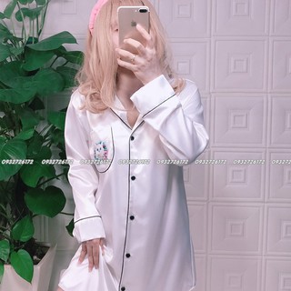 Đầm váy ngủ sơ mi chất lụa mịn mát hình mèo con
