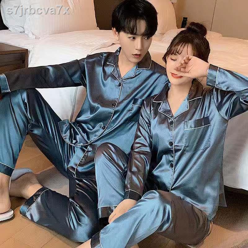 Cặp đôi pyjama nữ mùa xuân và thu băng lụa mỏng dài tay cộng với chất béo kích thước hè mô phỏng của nam giới b