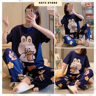Set quần ống rộng áo thun hình gấu xanh, Set đồ bộ nữ mặc nhà NA50