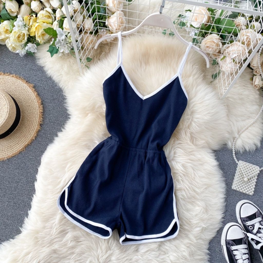 Jumpsuit nữ 2 dây dáng ngắn vải cotton cao cấp phong cách sexy Hàn Quốc