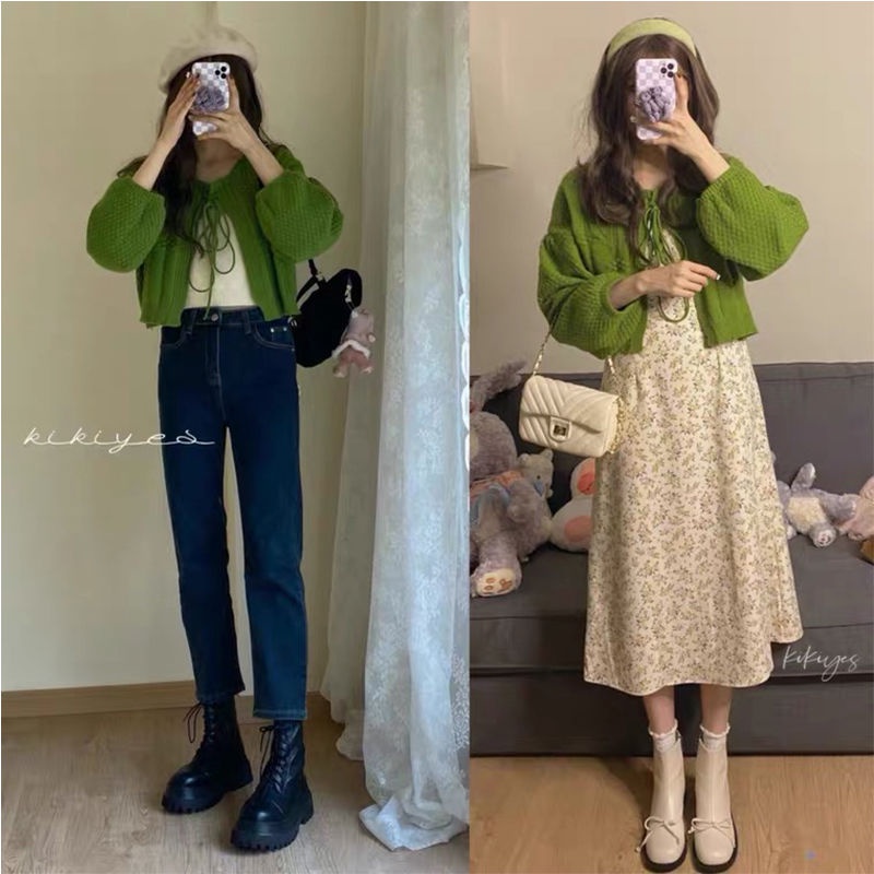 Áo Khoác Cardigan Len Tay Phồng Dáng Ngắn Phối Ruy Băng Màu Xanh Lá Thời Trang Hàn Quốc Mới Cho Nữ