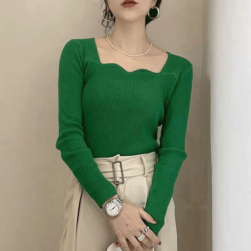 Áo Sweater Tay Dài Cổ Vuông Dáng Ôm Thời Trang Cho Nữ