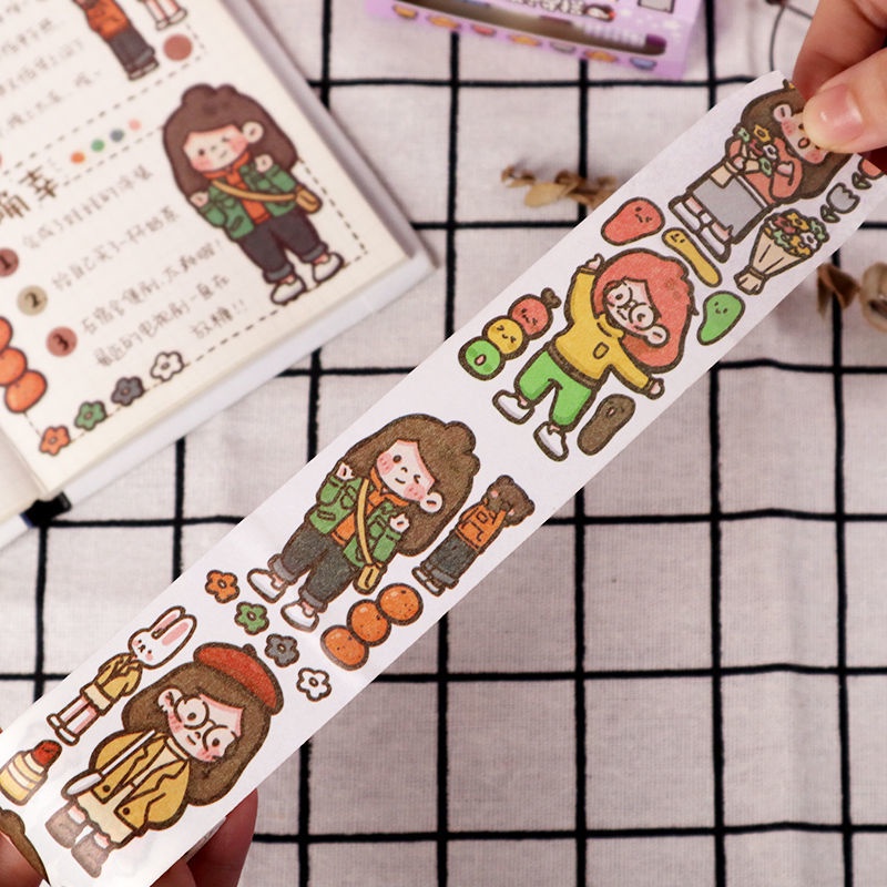 Set washi tape cô gái tóc nâu hộp 4 cuộn - 8 style - full box