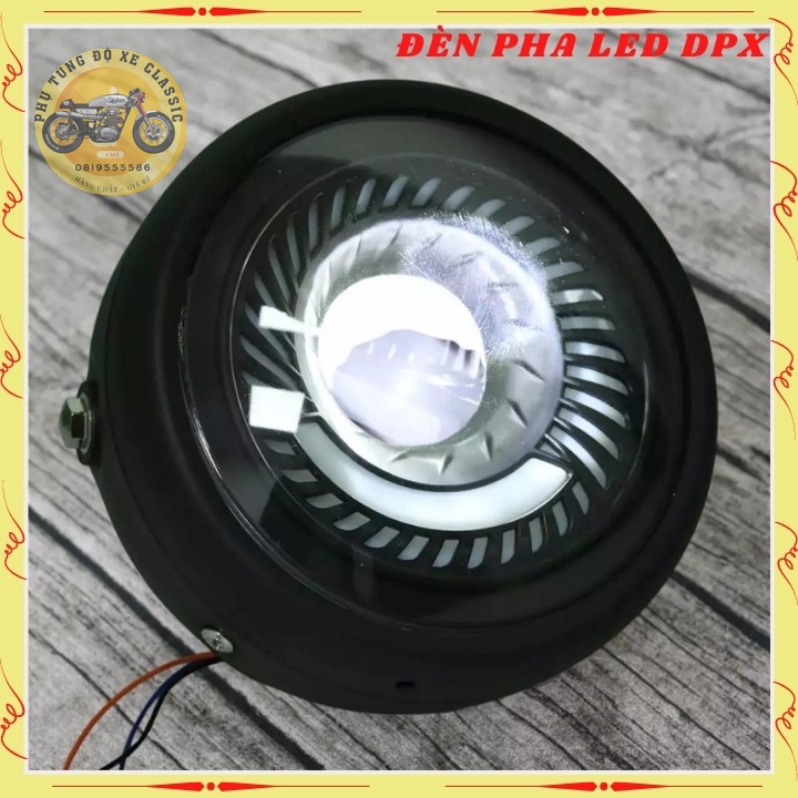 Đen led pha cao cấp, đèn xe máy độ CAFE RACER dạng xoắn gáo sắt sơn đen mặt kính