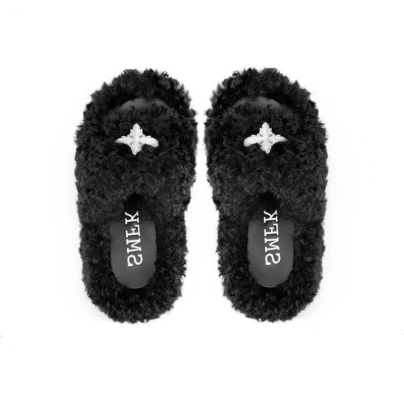 Dép Bông Đi Trong Nhà Bằng Len Lông Nhung Màu Đen Thoải Mái Thời Trang Cho Nữ