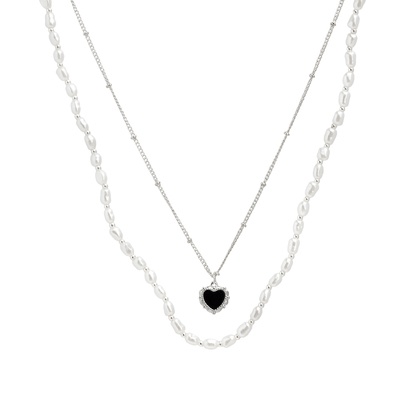 Vòng Cổ Choker Hai Lớp Mặt Trái Tim Đính Ngọc Trai Đen Thanh Lịch Dành Cho Nữ