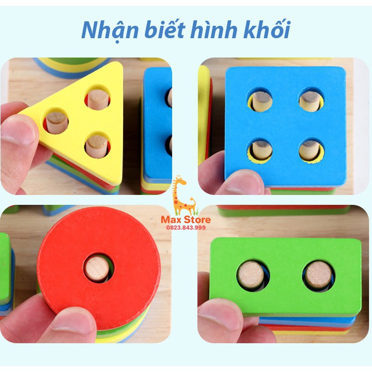 [ Ảnh Thật + Video] Đồ Chơi Gỗ Montessori Bộ Thả Hình Khối 4 Cọc Vuông Siêu Đẹp