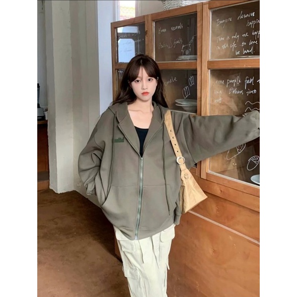 Áo Khoác Nỉ Nữ Dây Khóa Kéo Thêu Logo Chữ Nón Lớn Có Dây Rút Mũ Phối Túi Hộp NEW UNISEX