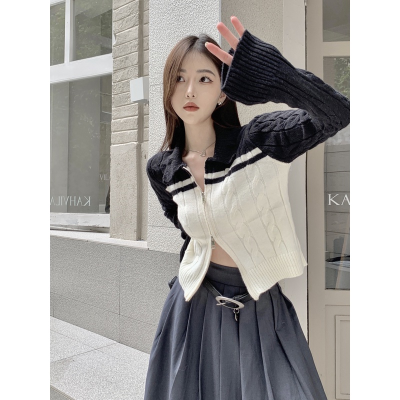 Áo cardigan Dệt Kim Cổ polo Dáng Ngắn Có Khóa Kéo Phong Cách Hàn Quốc Cho Nữ