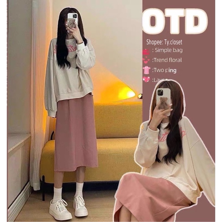 Set áo nỉ kem tay dài kèm chân váy midi hồng có hình thật trải sàn