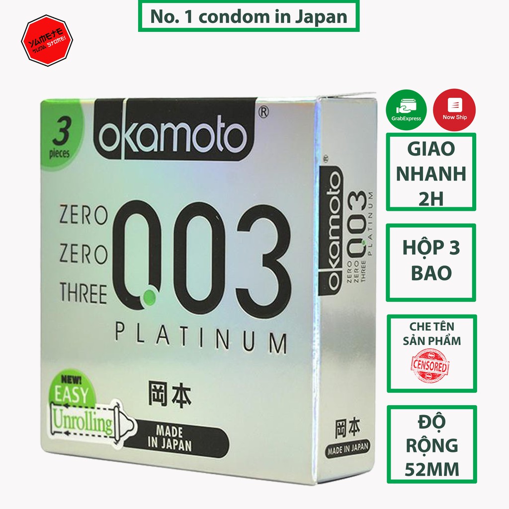 [Tặng mã YAMETE08 giảm thêm 20%] Bao cao su Okamoto 0.03 Platinum Trong Suốt Mềm Mại Hộp 3 Cái