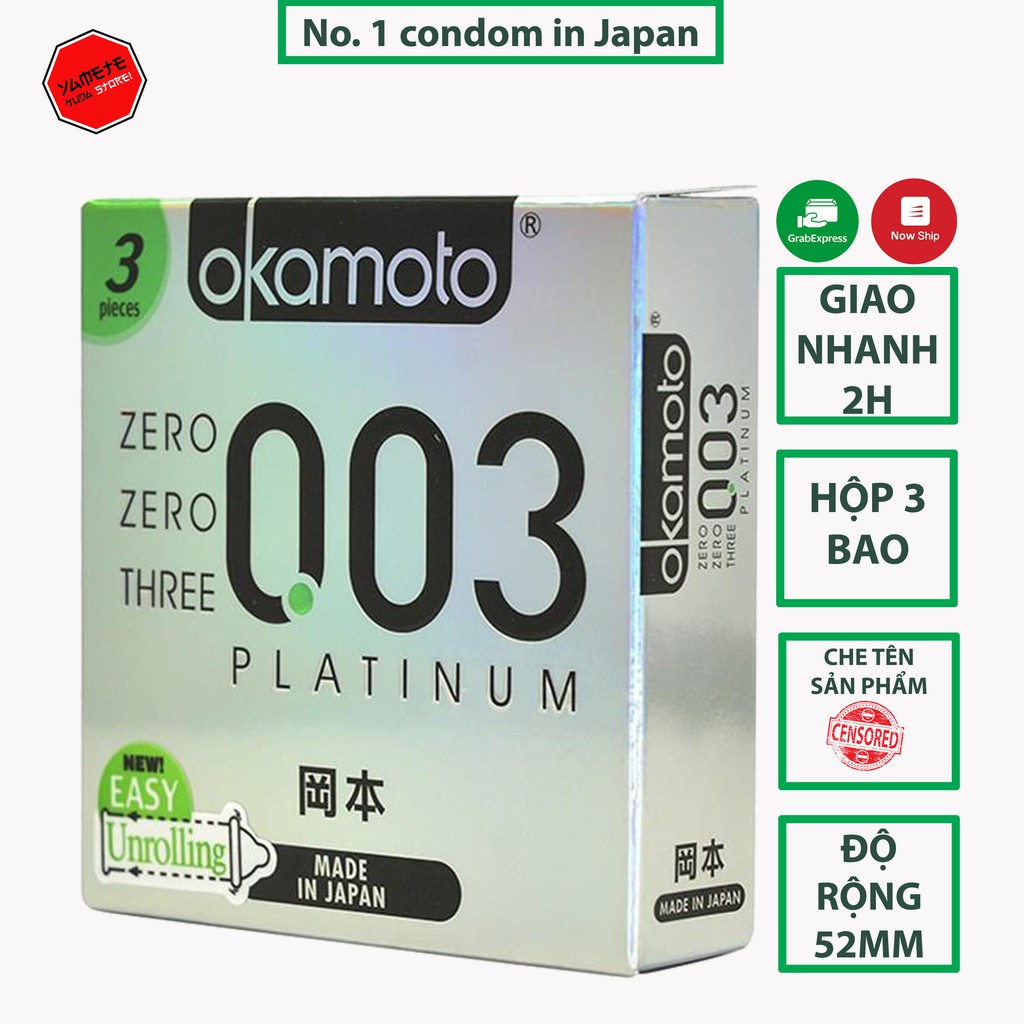 🔥CHÍNH HÃNG 100%🔥Bao cao su Okamoto 0.03 Platinum Trong Suốt Mềm Mại Hộp 3 Cái