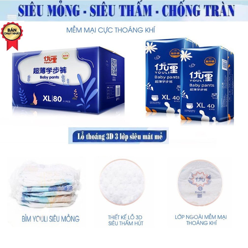 Tã Bỉm YOULI Quần/ Dán Nội Địa Đủ Size Cho Bé S108, M96, L84, XL76, XXL72, XXXL68 Mỏng Nhẹ Và Co Dãn An toàn cho bé