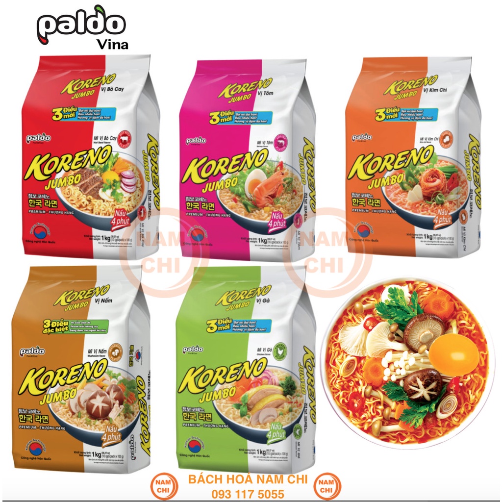 [ĐỦ VỊ] MÌ KORENO JUMBO HÀN QUỐC 1KG GÀ - TÔM - BÒ CAY - KIM CHI (LỐC 10 GÓI)