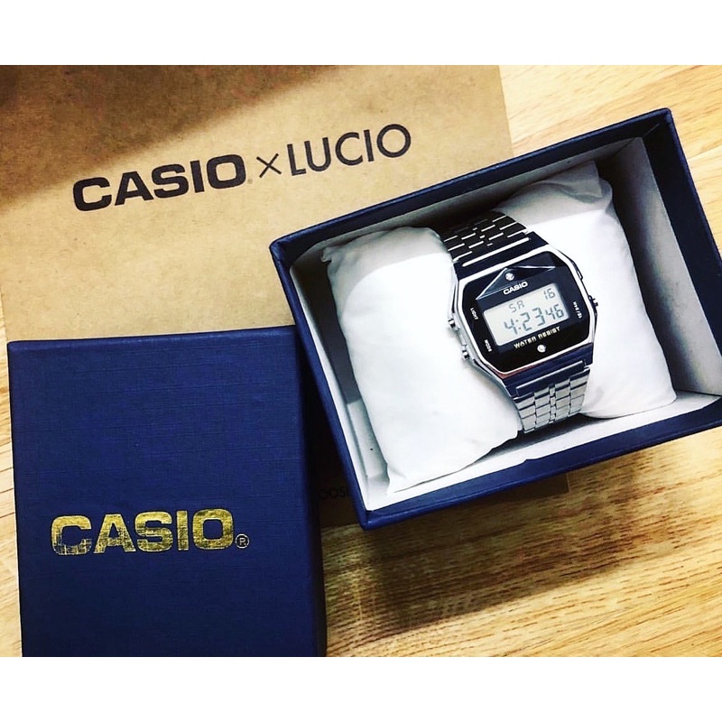 Đồng hồ Nam Casio A159WAD-1, đồng hồ chính hãng, bạc mặt đen kim cương