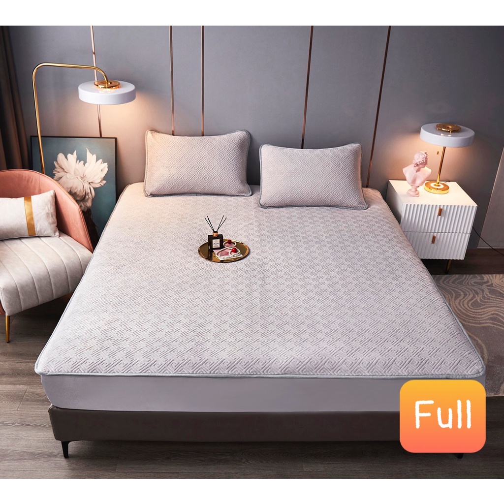 Bộ Ga Gối Trần Bông Nỉ Nhung Hoạ tiết chữ Vạn cao cấp, thảm ga nỉ nhung dùng mùa đông ấm áp - kích thước 1m6; 1m8; 2m2