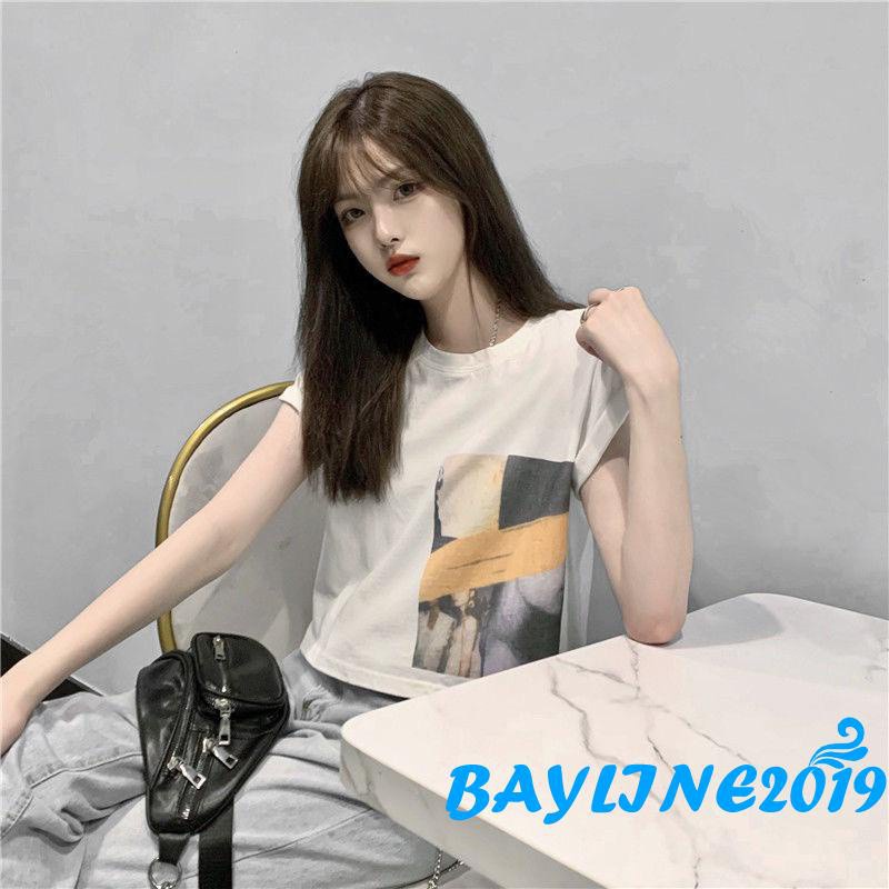 Áo Thun Lửng Tay Ngắn In Hình Trẻ Trung Cho Nữ