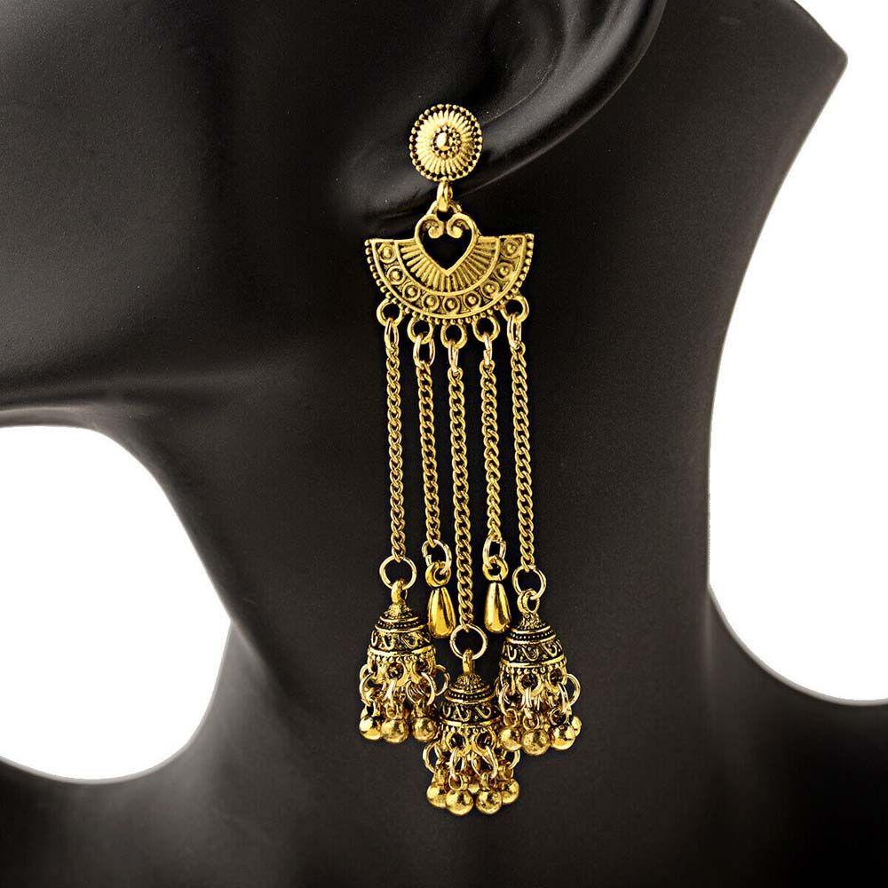 Khuyên Tai Dáng Dài Đính Chuông Chạm Khắc Phong Cách Boho Ấn Độ