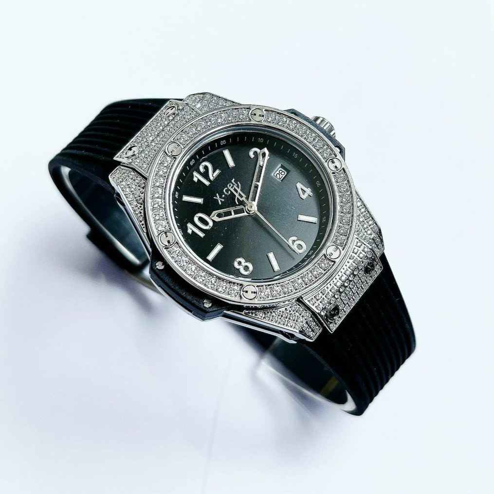 Đồng Hồ Xcer Nữ Silicon Đen Tròn Đính Đá Silver 36mm B0611 Chính Hãng