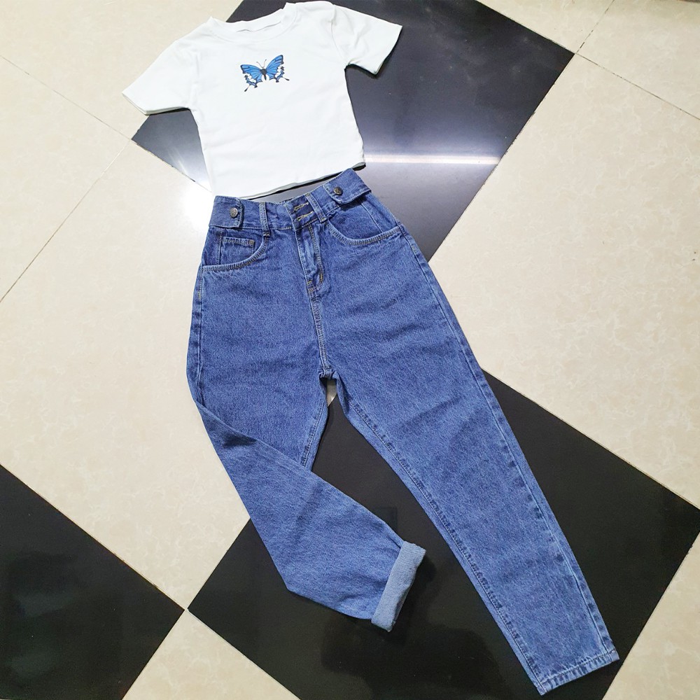 Quần baggy jeans nữ SAIGONJEAN form rộng,2 bách vuông,lưng thun QD016 – quần bò nữ ulzzang