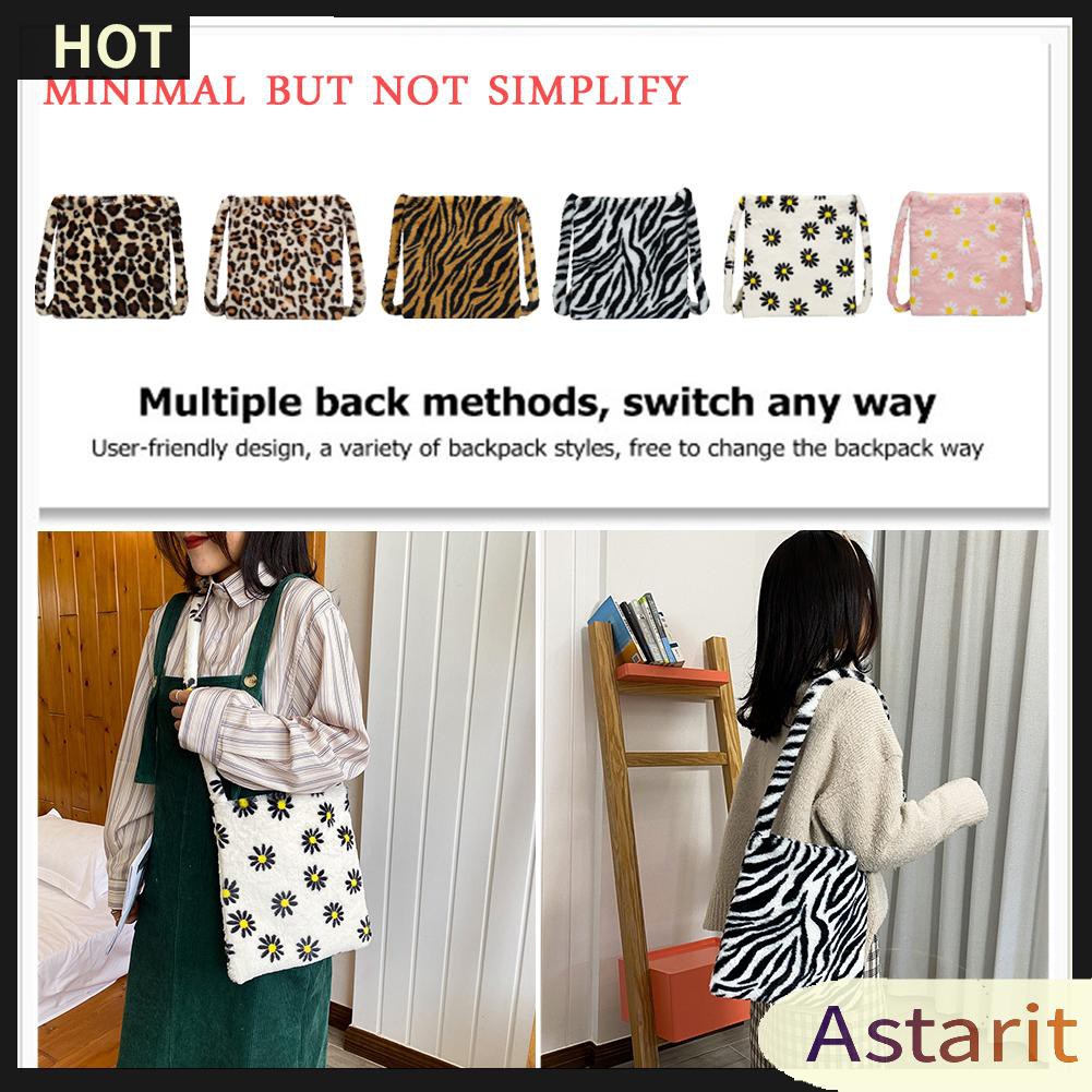 Fashion Women Shoulder Tote Autumn Plush Animal Printed Crossbody Bag Trunk