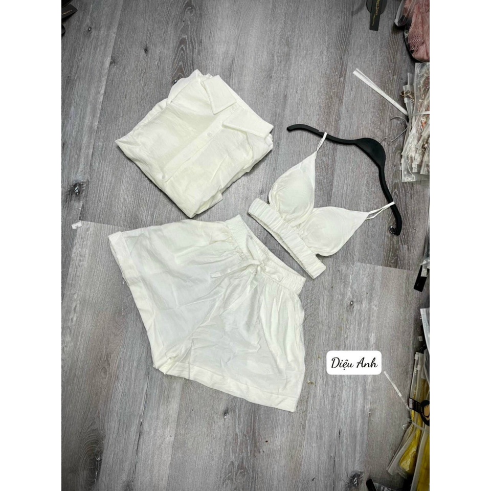 set 3 món áo bra kèm áo sơ mi khoác quần short đùi chất đũi mềm k