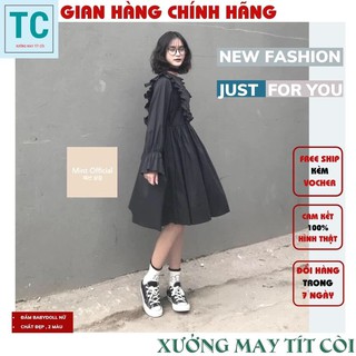 Đầm babydoll nữ tay bồng đen trắng - váy suông babydoll form rộng basic 2 màu chuẩn nàng thơ , xưởng may Tít còi 1