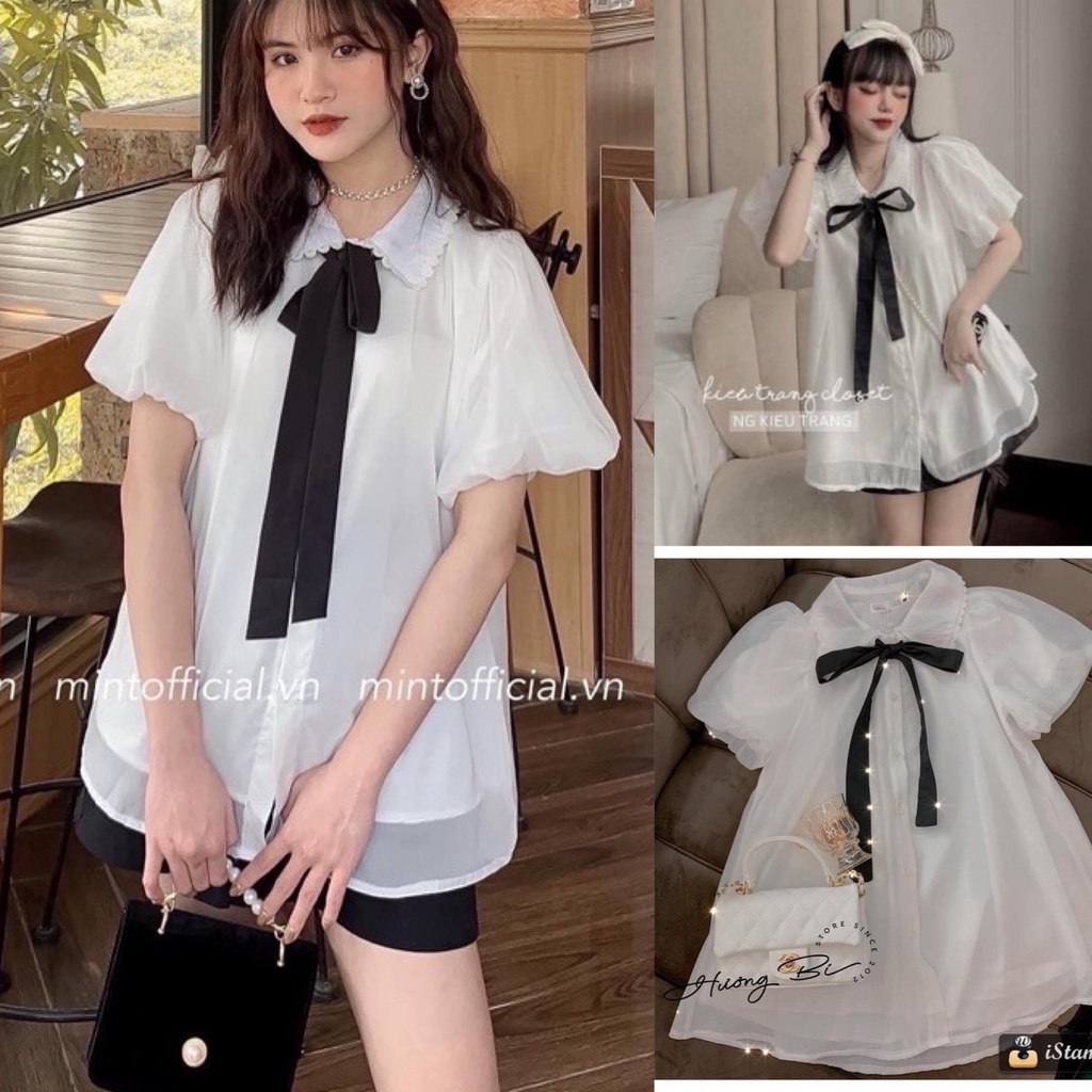 Áo sơ mi trắng nữ 2 lớp kiểu dáng babydoll phối ren cổ nơ A627 SUTANO