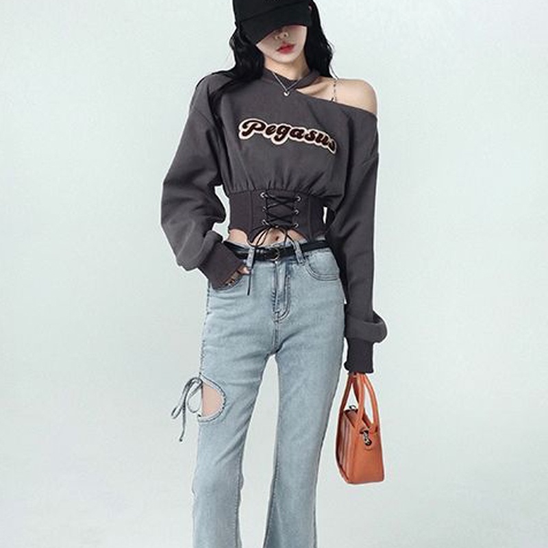 Áo sweater IELGY tay dài hở vai phong cách đường phố Hàn Quốc dành cho nữ