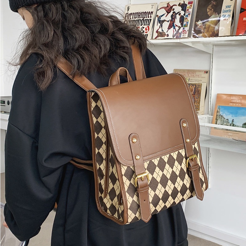 Balo Da Pu Đi Học Cho Nữ Màu Đen Nâu Vintage Phong Cách Hàn Quốc Cặp Sách Da Caro Hình Hộp Chữ Nhật Tiểu Thư