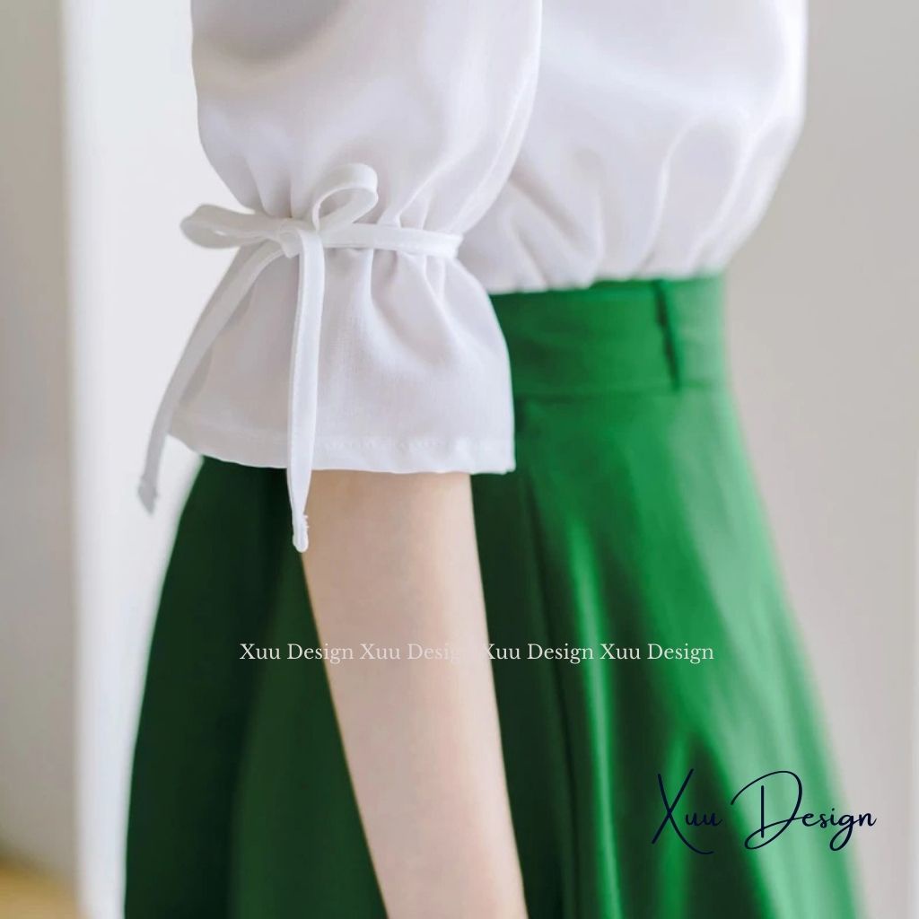 Áo sơ mi trắng công sở Xuu Design, thiết kế tay lỡ phối nơ trẻ trung SK13