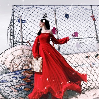 HOANGYEN - Đầm maxi tay dài trể vai phối bèo chân váy đi biển, du lịch