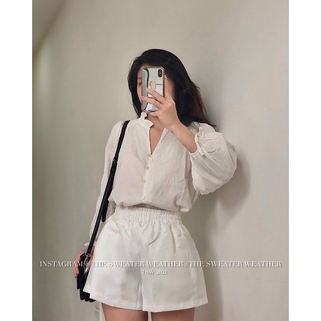 (Ảnh thật) Áo sơmi thô nhung mịn hoa văn chìm cổ bèo the.sweaterweather TSW