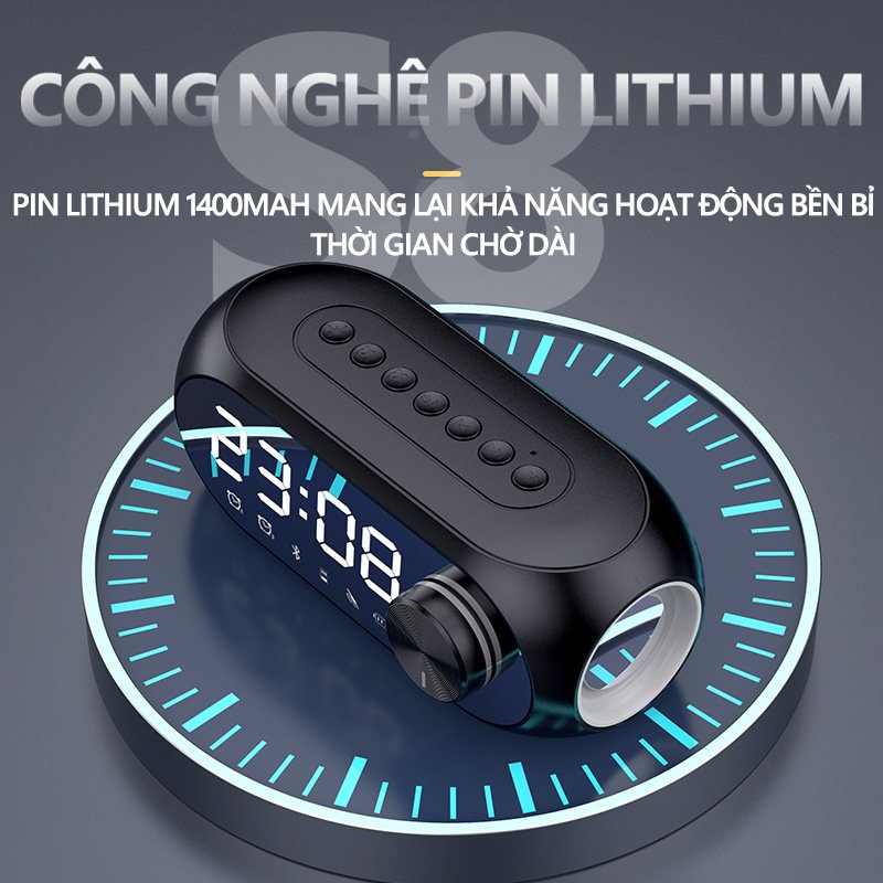 Loa bluetooth không dây mini S8, đồng hồ để bàn decor báo thức làm đèn ngủ đo nhiệt độ phòng