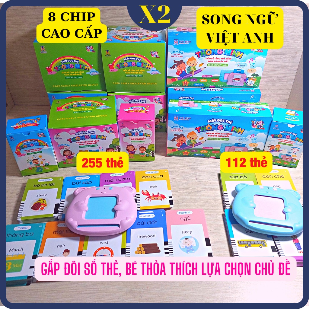 Máy đọc thẻ SONG NGỮ VIỆT ANH, máy đọc thẻ tiếng anh flashcard 255 thẻ, 24 chủ đề và 112 thẻ,12 chủ đề cho bé
